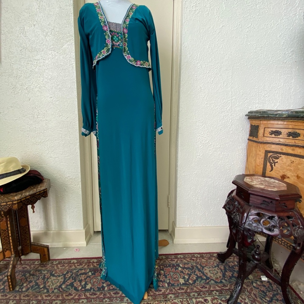 new S turquoise thob embroidered maxi dress